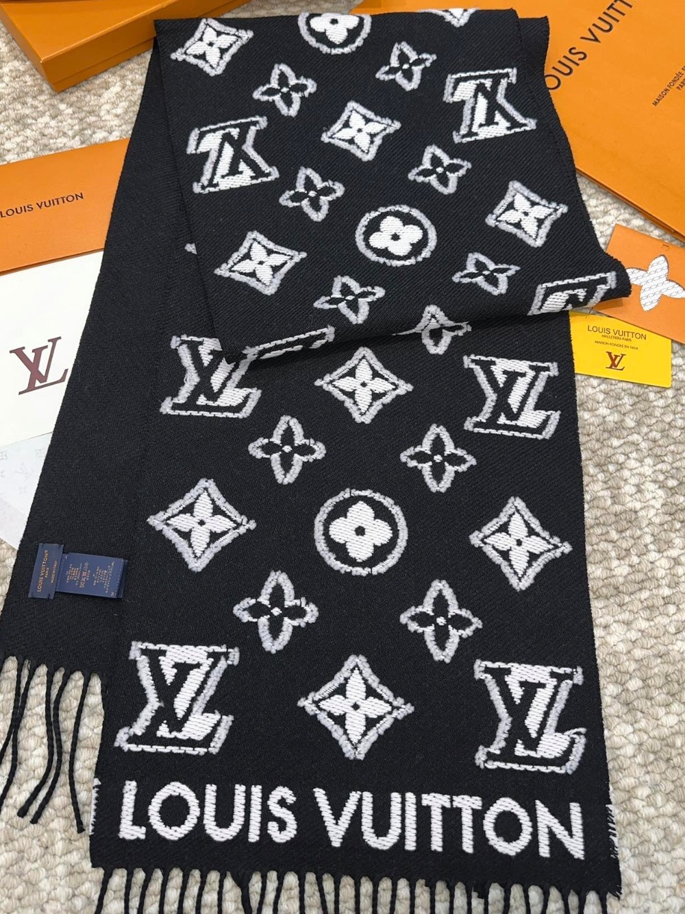 Louis. Vuitton. 3D Black Monogram Wool Blend Scarf